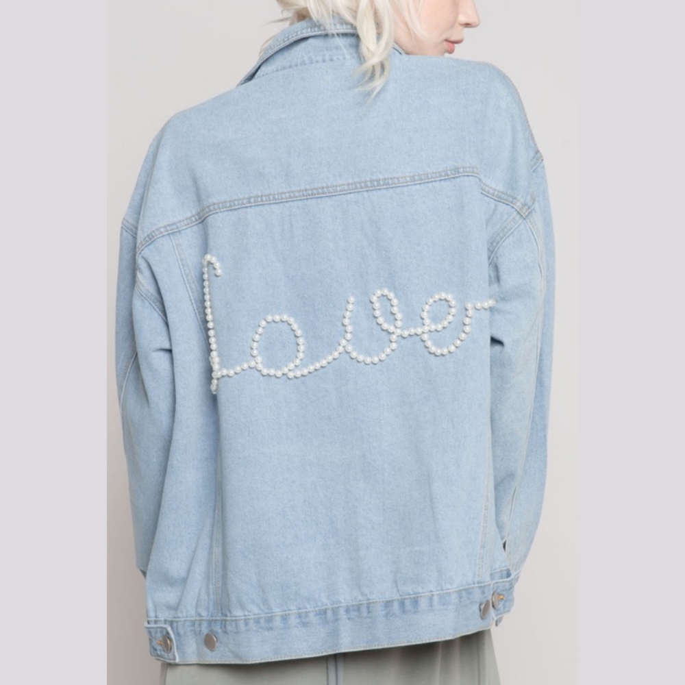 Pearl Embellished LOVE denim jean blogger jacket - Picture 4 of 7